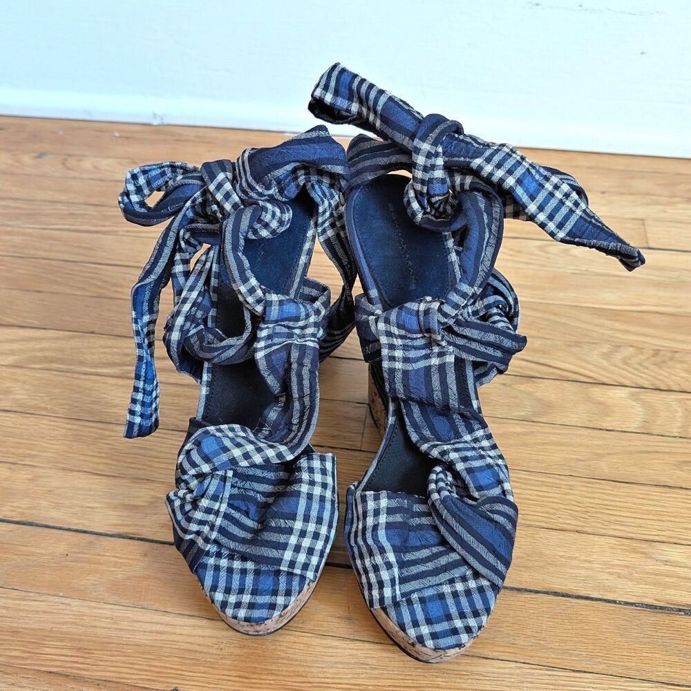 Donna Karan Cork Platform Sandal Madras Wedge Plaid Embossed Logo Designer 8.5 - Picture 2 of 12